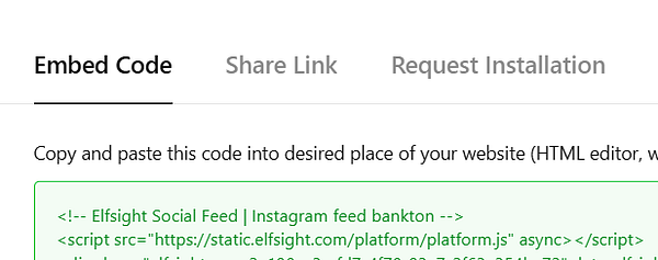 The image displays a code snippet for embedding an Instagram feed on a website.