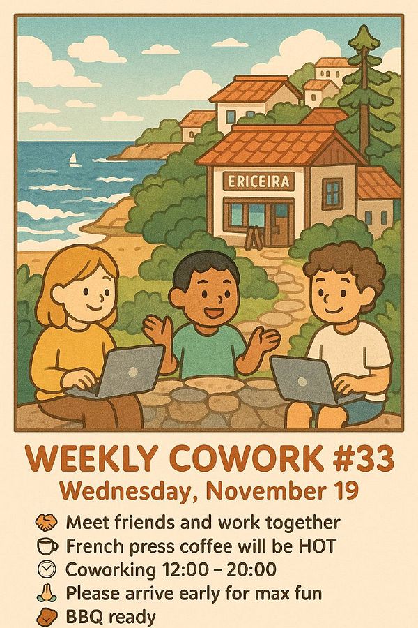 A colorful illustration promoting a weekly coworking event by the beach.