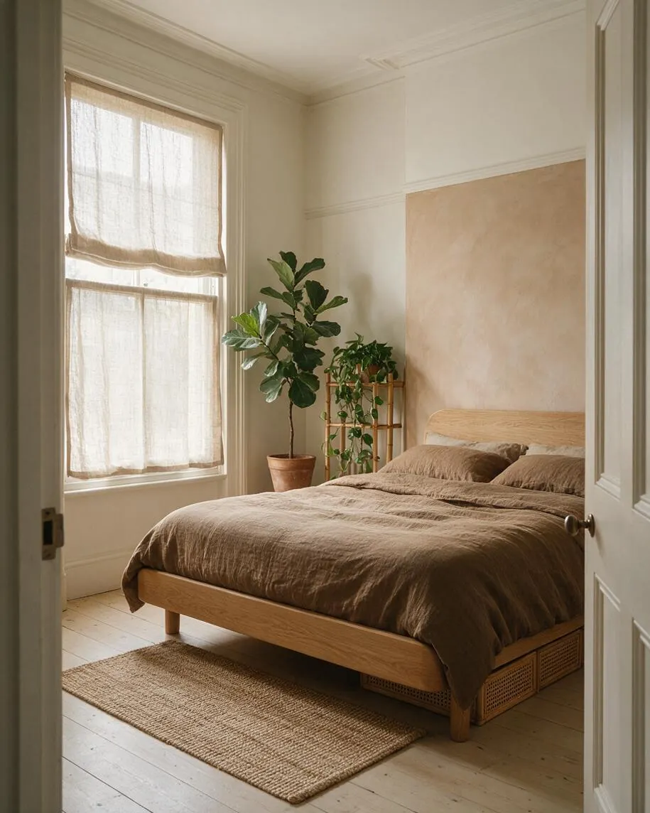 A serene master bedroom with a light wood bed, brown bedding, and a woven rug on pale painted floorboards. Sheer linen curtains filter daylight from a tall window, while potted plants and a soft beige textured wall panel add a natural biophilic feel.