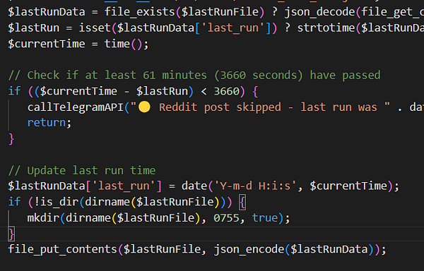 The image displays a code snippet for managing the execution frequency of a Reddit jobs bot.