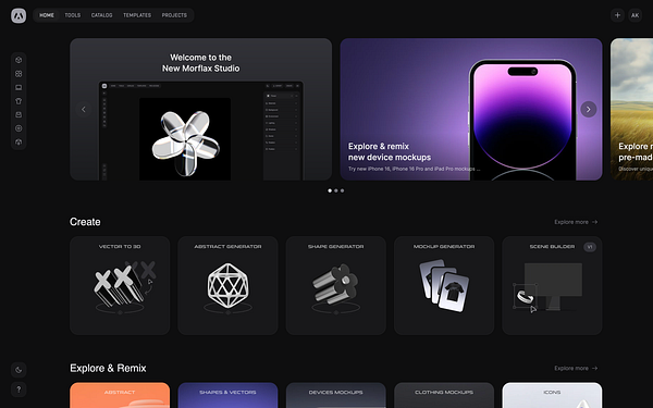 The image displays the interface of the Morflax Studio application, showcasing various design tools and mockup options.