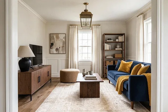 A Transitional living room in the Greige and Navy palette