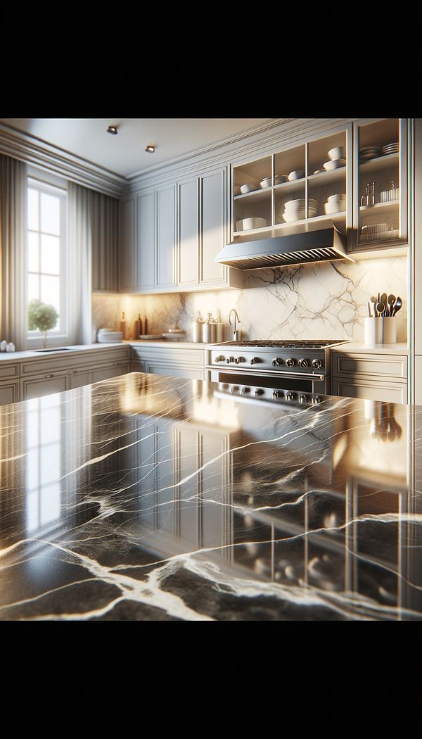 An elegant kitchen featuring a glossy marble countertop, with subtle veining detail visible on the surface.
