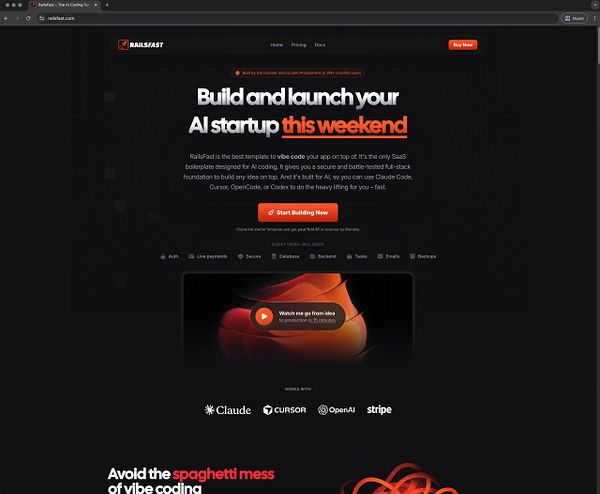 Screenshot of the Rails Fast documentation homepage showing installation and overview sections with navigation links.