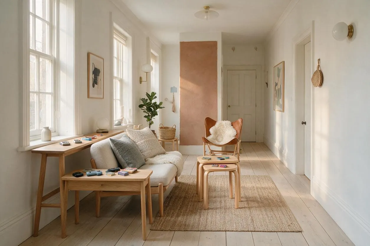 A sunlit Scandinavian game room with white walls, tall windows, and pale wood floors. The space includes a small sofa, nesting tables with game pieces, a leather accent chair, woven rug, and simple wall art in soft neutral tones.