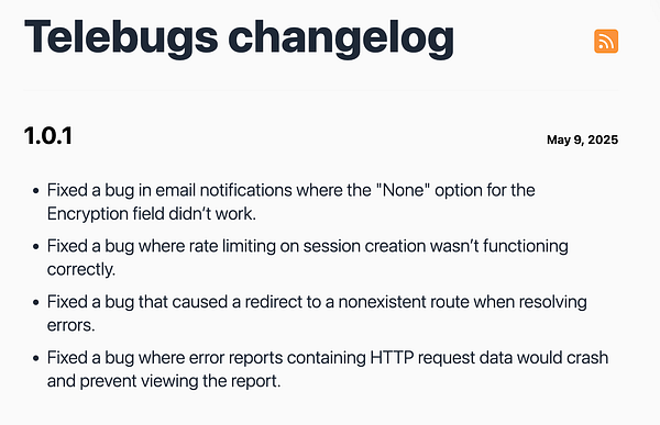 Changelog for Telebugs version 1.0.1 detailing bug fixes.