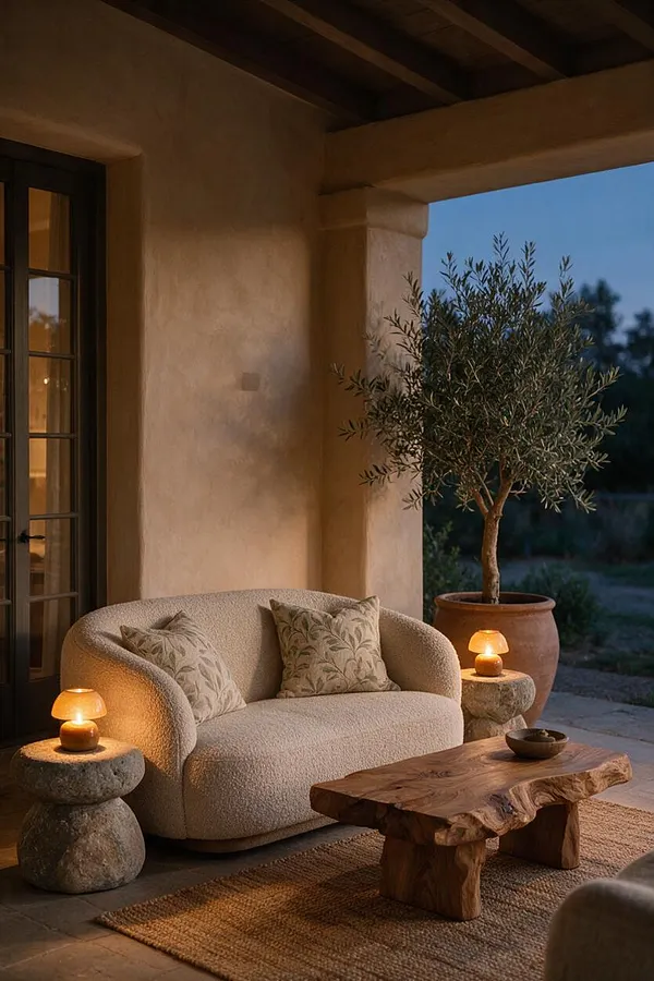 A cozy front porch at dusk with a textured cream curved sofa, botanical throw pillows, and warm glowing table lamps on stone bases. A live olive tree in a terracotta pot, a sculptural wood coffee table, and a woven rug create a calm biophilic seating area.