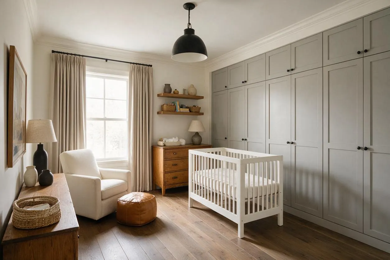 A bright transitional nursery with a white crib centered in front of full-height gray built-in cabinets. The room includes beige floor-length curtains, a white armchair, warm wood furniture, floating shelves, and a black pendant light over wide-plank wood floors.