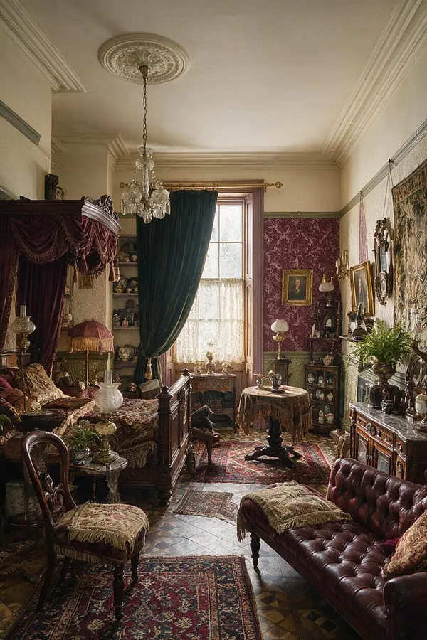 A compact Victorian-style studio apartment filled with ornate furnishings, including a carved dark wood bed, a burgundy leather sofa, patterned rugs, and lace curtains over a tall window. The room features a crystal chandelier, antique portraits, tapestry wall art, and deep jewel-toned drapery in a richly layered, historic interior.