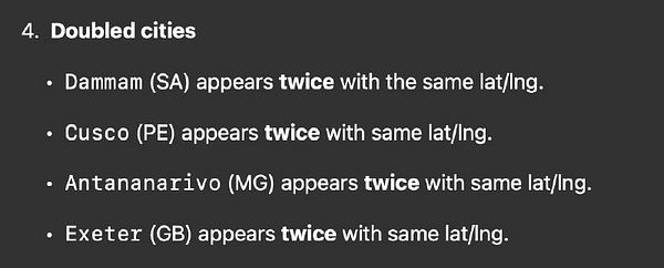 The image displays a list of cities that appear multiple times in a database with the same latitude and longitude.