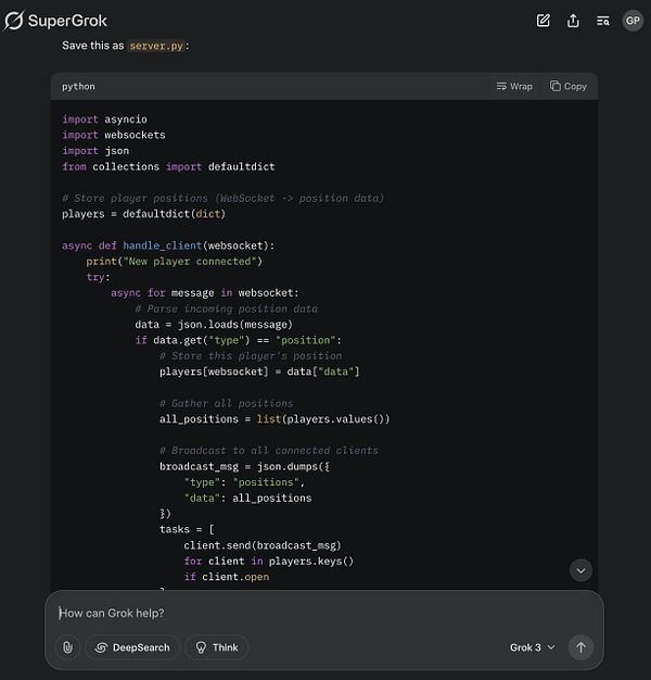 The image displays a Python script for a WebSockets server designed to manage player states for a multiplayer game.