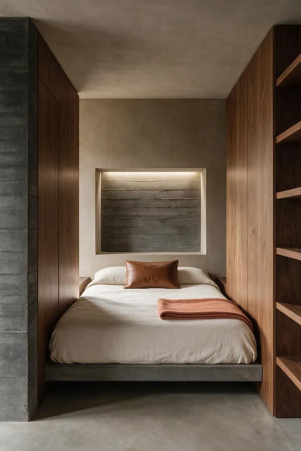 A narrow master bedroom featuring a low platform bed with cream bedding and a brown leather pillow, framed by raw concrete walls and ceiling. Warm wood paneling and open shelving soften the space, while a recessed illuminated niche adds depth behind the bed.