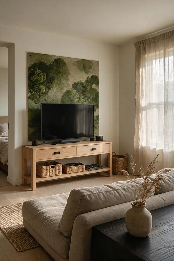 A serene Japandi-style game room with a light wood TV console, a large flat-screen TV, and a textured green moss wall panel behind it. The space includes a beige upholstered sofa, a dark wood coffee table with a ceramic vase, woven storage baskets, sheer curtains, and soft neutral flooring and textiles.