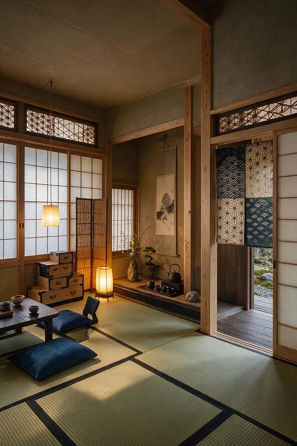 A serene Japanese-style studio apartment with tatami mat flooring, shoji screens, and warm lantern lighting. Low seating with floor cushions and a small tea table sits beside wooden storage boxes, a bamboo screen, and a tokonoma alcove with art and floral arrangement.
