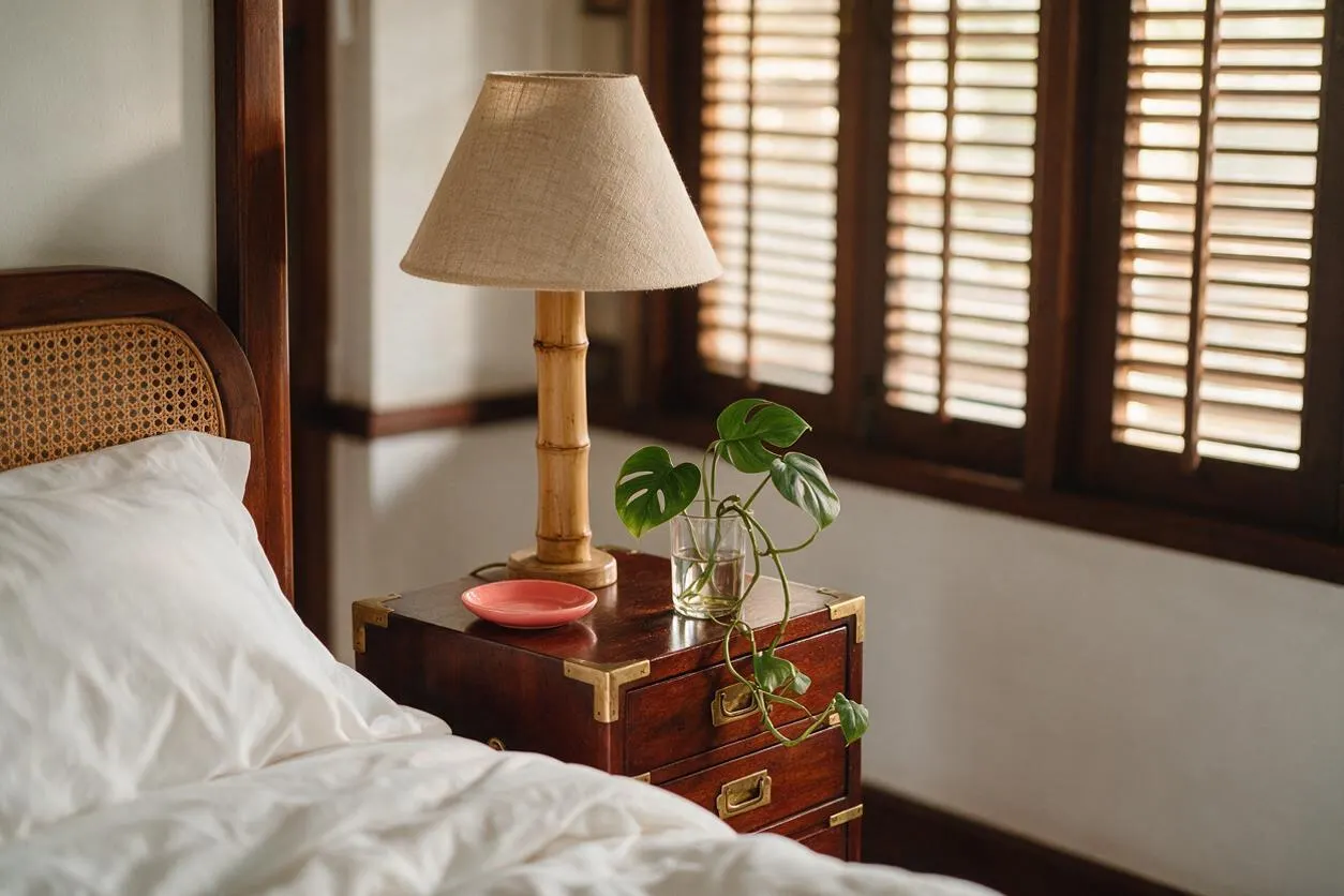 A tropical-style bedroom vignette with a bamboo table lamp on a dark wood bedside cabinet. The cabinet has brass corner accents and drawers, and sits beside a bed with white bedding and a cane headboard, with warm sunlight filtering through wooden shutters.