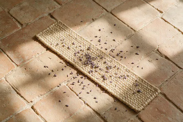 A close-up view of warm terracotta brick flooring with a narrow woven jute runner placed diagonally across the center. Soft sunlight creates gentle highlights and shadows, while scattered lavender petals add a natural, French Country feel.