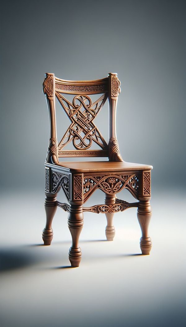 A traditional wooden chair with an intricately carved X-Stretcher connecting its four legs.