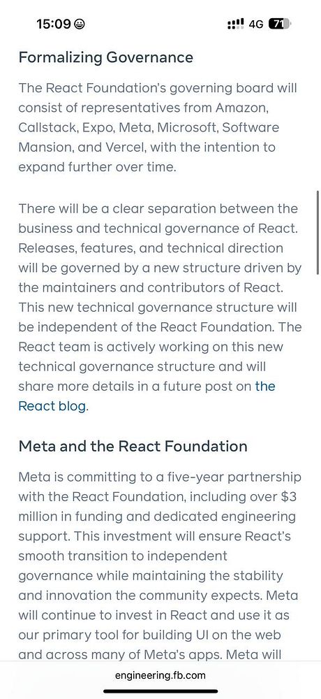 The image displays a webpage detailing the governance structure of the React Foundation.
