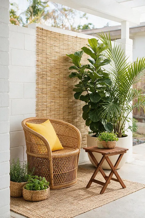 A cozy tropical backyard nook with a woven wicker chair and yellow cushion beside a small wooden folding table. A woven jute rug, bamboo privacy screen, potted palms, and assorted greenery sit against a white painted wall in bright natural light.