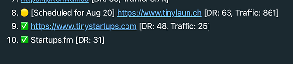 A task list displaying website submissions to various directories with their respective details.