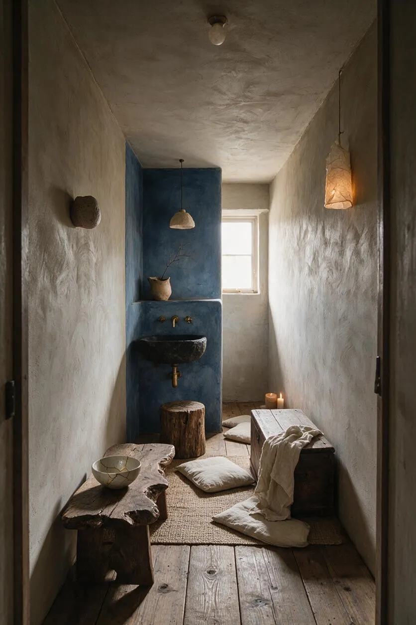 A narrow powder room with textured plaster walls and ceiling, a deep blue sink alcove, rustic wood benches, and a small window at the far end. Soft pendant lighting, candles, cushions, and natural materials create a calm, earthy wabi-sabi atmosphere.