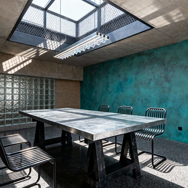 A skylit industrial dining room features a rectangular zinc-topped table on black steel trestle legs, surrounded by ribbed black metal chairs. Light pours through a large ceiling skylight with expanded metal mesh edging, casting lattice shadows across a mottled teal patina wall, a glass-block partition, and a dark polished concrete floor, while a linear zigzag LED pendant hangs below a raw concrete ceiling.