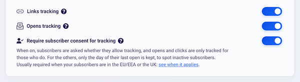Settings panel showing toggles for links tracking, opens tracking, and subscriber consent requirement for email tracking.