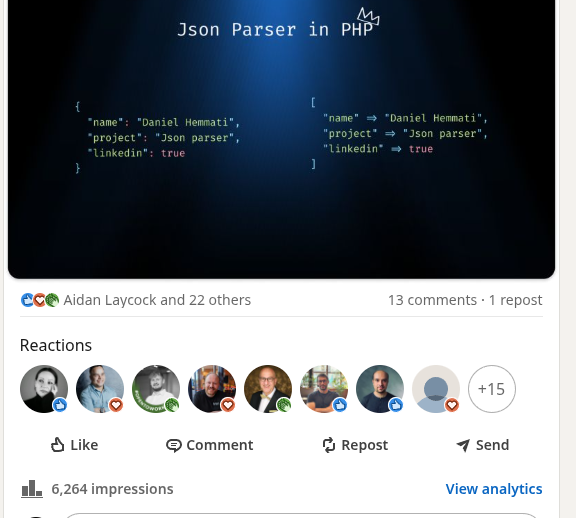 The image features a code snippet related to a JSON parser in PHP, displayed against a dark blue background.