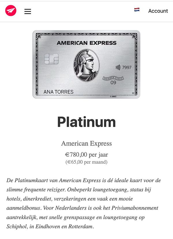 The image features an American Express Platinum card along with a description of its benefits and pricing.
