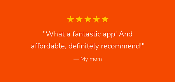 A vibrant testimonial graphic featuring a five-star rating and a positive review.