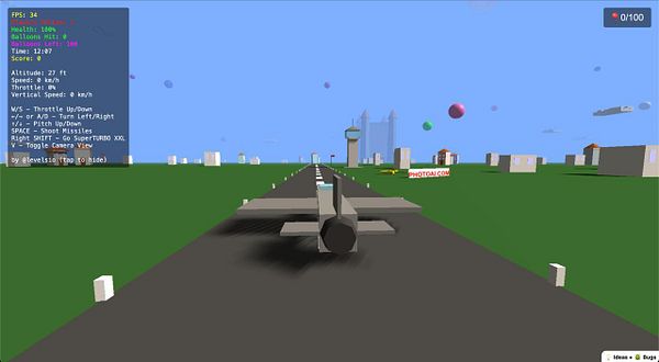 A virtual scene featuring an F16 aircraft on a runway in a blocky, cartoonish environment.