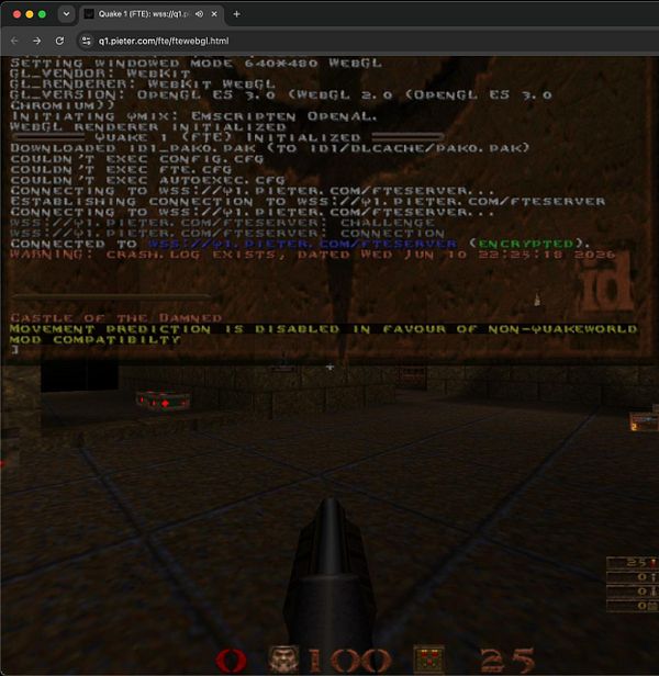 Screenshot of the Quake 1 game running in a web browser with a WAD file selection dialog open for a WASM setup.
