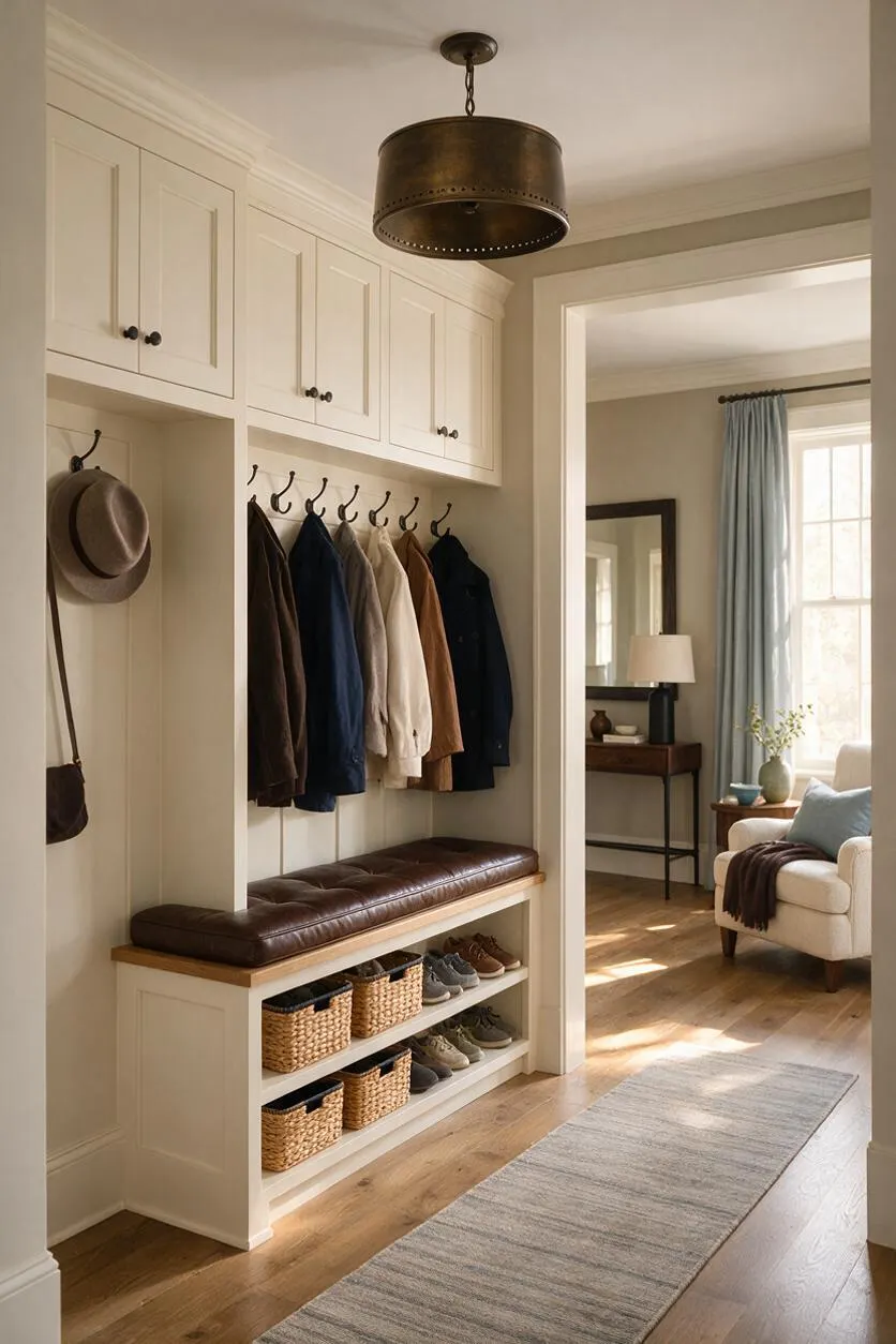 A transitional closet with cream built-in cabinets, open coat hooks, and a dark leather bench above woven basket storage and shoes. The space connects to a sunlit sitting room with hardwood floors, soft drapery, and neutral furnishings.