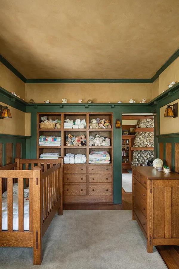 A Craftsman-style nursery with a wooden crib on the left, a tall built-in shelving unit filled with folded blankets and stuffed animals in the center, and a wooden dresser on the right. The room features dark green trim, warm tan walls, a textured ceiling, and stained wood finishes throughout.