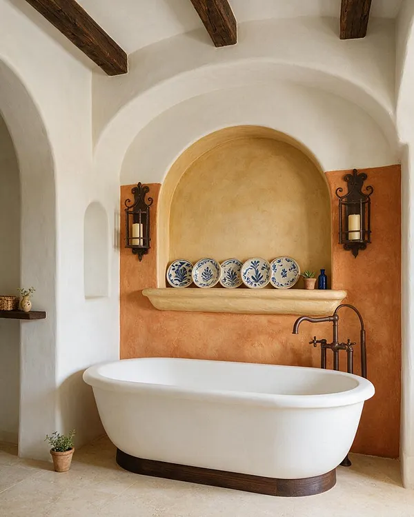A Mediterranean-style bathroom with white plaster walls, curved arches, and dark wood ceiling beams. A freestanding white bathtub sits in front of a warm terra cotta alcove with decorative blue-and-white plates, iron lantern sconces, and an aged bronze faucet.