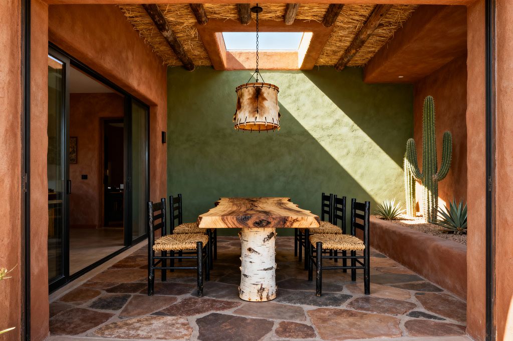 A Southwestern dining courtyard features a live-edge wooden table on a birch log base beneath a rawhide drum pendant, set before a sage green stucco wall with a raised planter of cacti and agave. Terracotta plaster walls, exposed timber-and-thatch rafters with a rectangular skylight, black ladder-back chairs with woven seats, and variegated flagstone flooring complete the sunlit space accessed by large sliding glass doors.