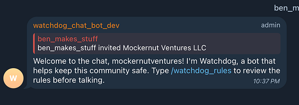 A chat interface displaying a welcome message from a bot to a new member.