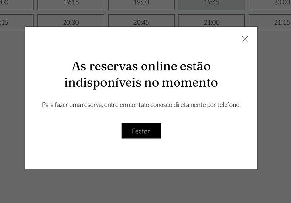 A pop-up message indicates that online restaurant reservations are currently unavailable.
