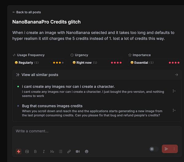 The image displays a user interface for reporting a glitch related to credit usage in an image generation application.