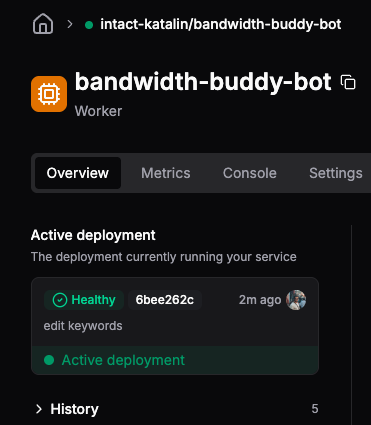 The image displays a user interface for managing a Telegram bot deployment.