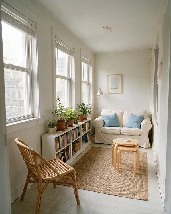 A narrow coastal-style sunroom with tall windows, white walls, and light tile flooring. The room includes a cream loveseat with pale blue pillows, a woven rattan chair, a jute rug, a small nesting table, a low bookcase with potted plants, and a floor lamp, creating a calm, sunlit seating area.
