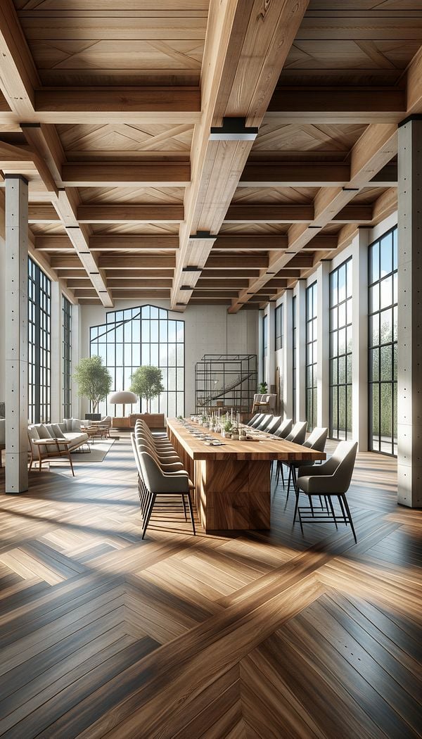 A spacious dining room featuring a large wooden trestle table surrounded by modern chairs, with large windows providing ample natural light.