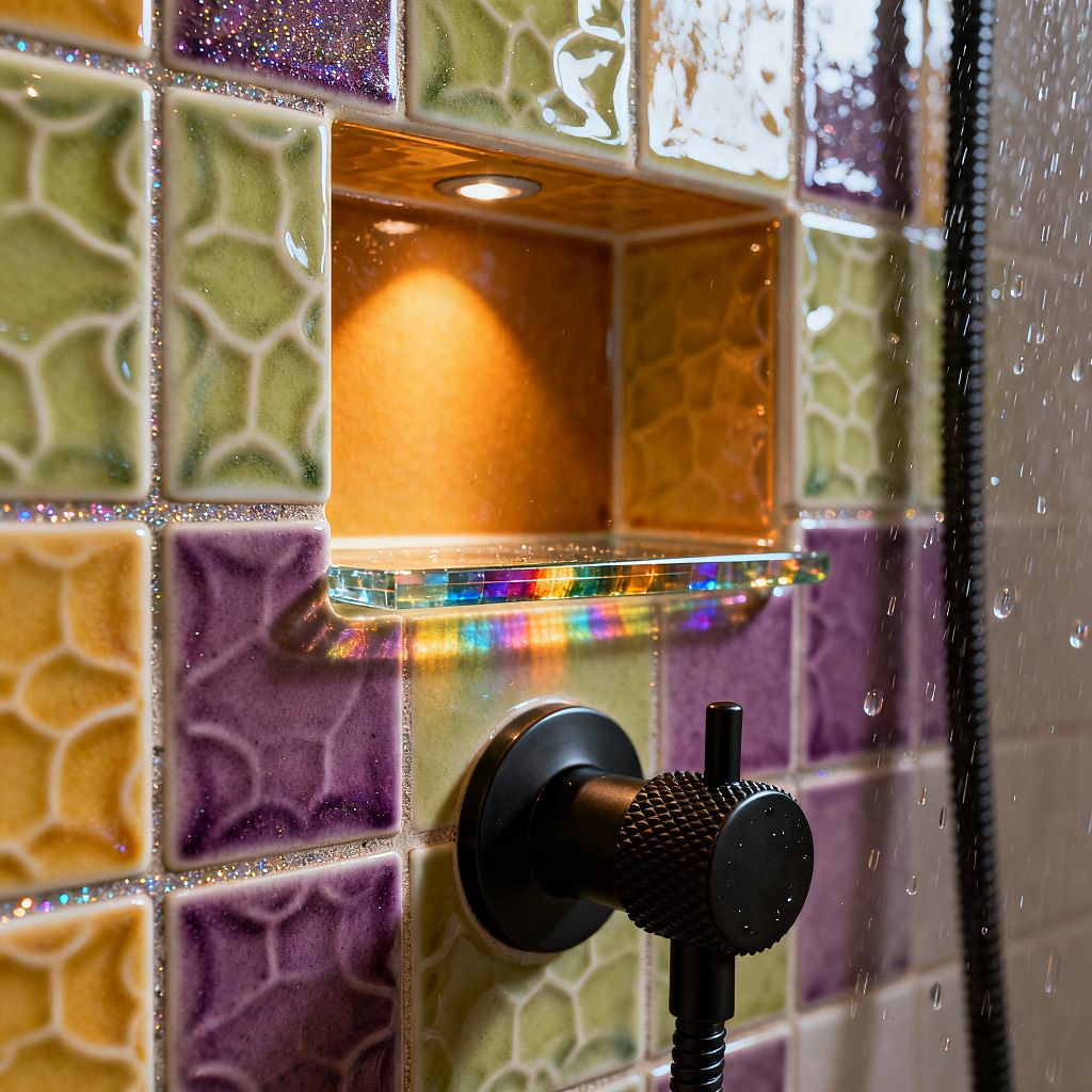 Close-up of a shower wall featuring glossy square ceramic tiles in avocado green, mustard yellow, and plum with a raised, cellular pattern and glittering grout. An inset niche lined in warm amber tiles has a tiny recessed LED and a clear iridescent glass shelf that casts rainbow reflections. A matte black, knurled control knob and black hand-shower hose sit nearby as water droplets fall across the scene.