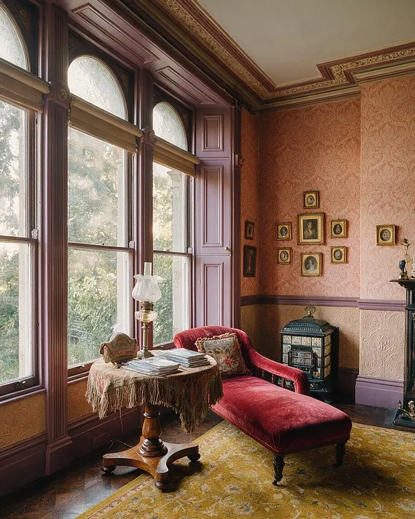 A Victorian-style sunroom with tall arched windows, mauve wood paneling, patterned peach wallpaper, and ornate crown molding. A deep burgundy chaise lounge sits beside a small round table covered with a fringed cloth, while framed portraits and a decorative stove add to the antique atmosphere.