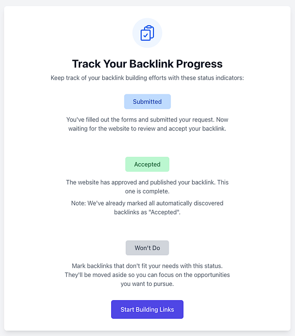 The image displays a user interface for tracking backlink progress with various status indicators.