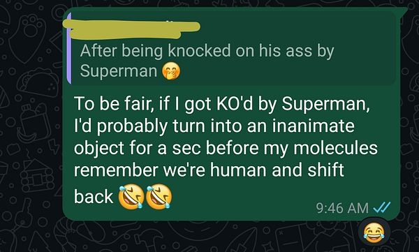A humorous conversation about being knocked out by Superman is displayed in a messaging app.