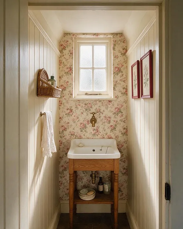 A narrow cottagecore powder room with cream beadboard walls, pink floral wallpaper, and a small frosted window above a white sink on a honey-toned wood vanity. A wicker basket, lace hand towel, brass faucet, and framed botanical prints complete the cozy vintage look.