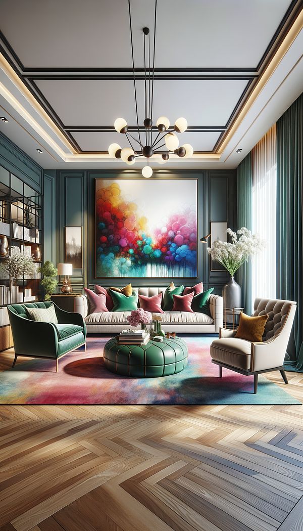 A beautifully designed living room featuring an oversized colorful painting as a statement piece, with furniture and decor complementing its vibrant hues.