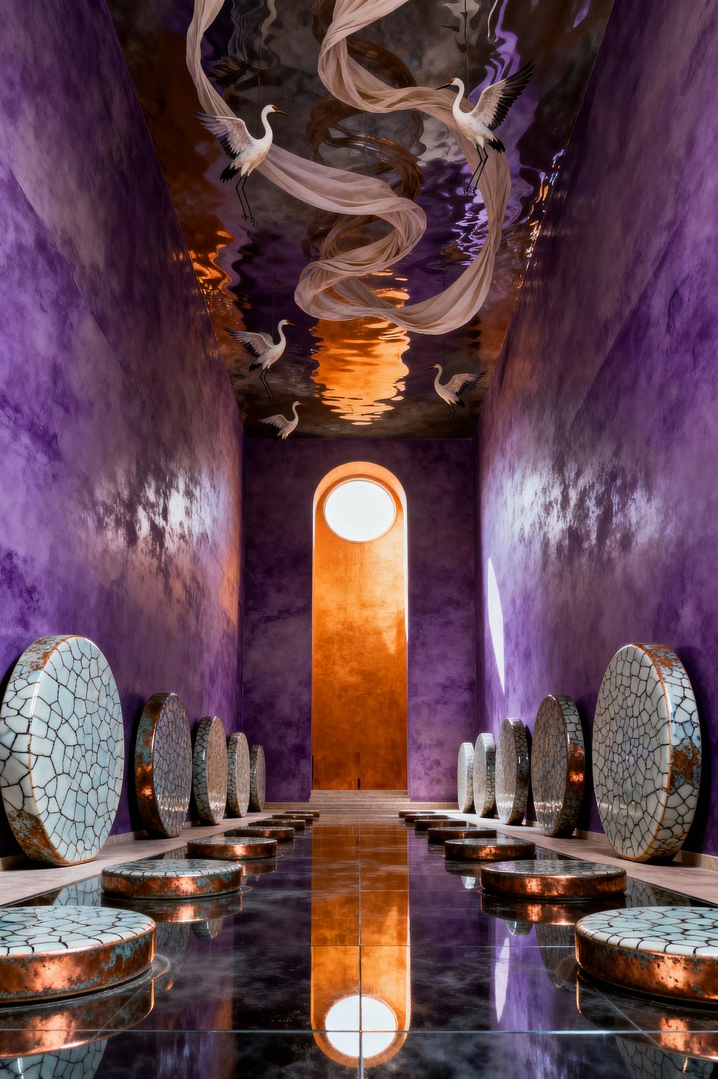 A long, narrow room with mottled purple walls and a glowing ochre arched niche features oversized circular discs along both sides, their white crackle-glazed faces edged in patinated copper. A mirror-like black floor and reflective ceiling ripple with warm amber light, while sheer fabric swirls and suspended white cranes create a dreamlike atmosphere that hints at sculptural washer portals within a surrealist laundry.