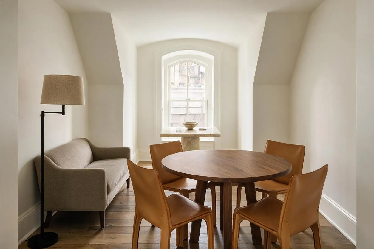 A narrow transitional game room with a round wooden table surrounded by four tan leather chairs, a gray upholstered settee, and a black floor lamp with a beige shade. The room features white walls, warm wood flooring, and a bright arched window at the far end with a small stone-topped console beneath it.